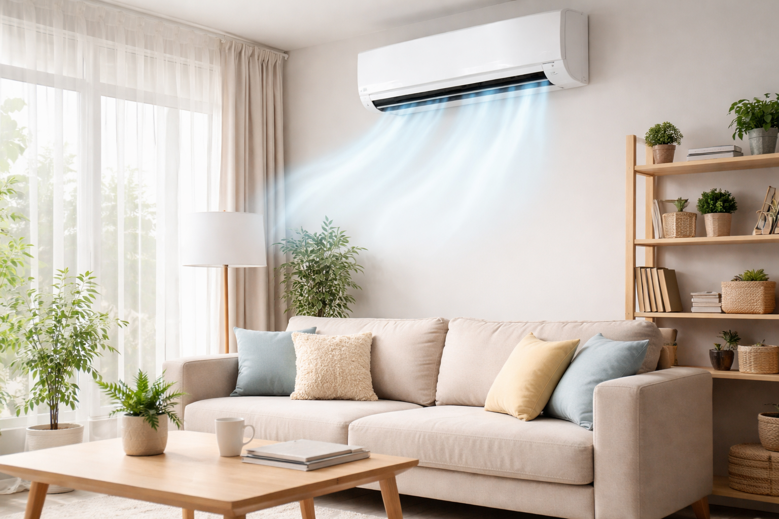 Ar-condicionado instalado em sala de estar moderna, funcionando por várias horas para climatizar o ambiente de forma contínua e eficiente.