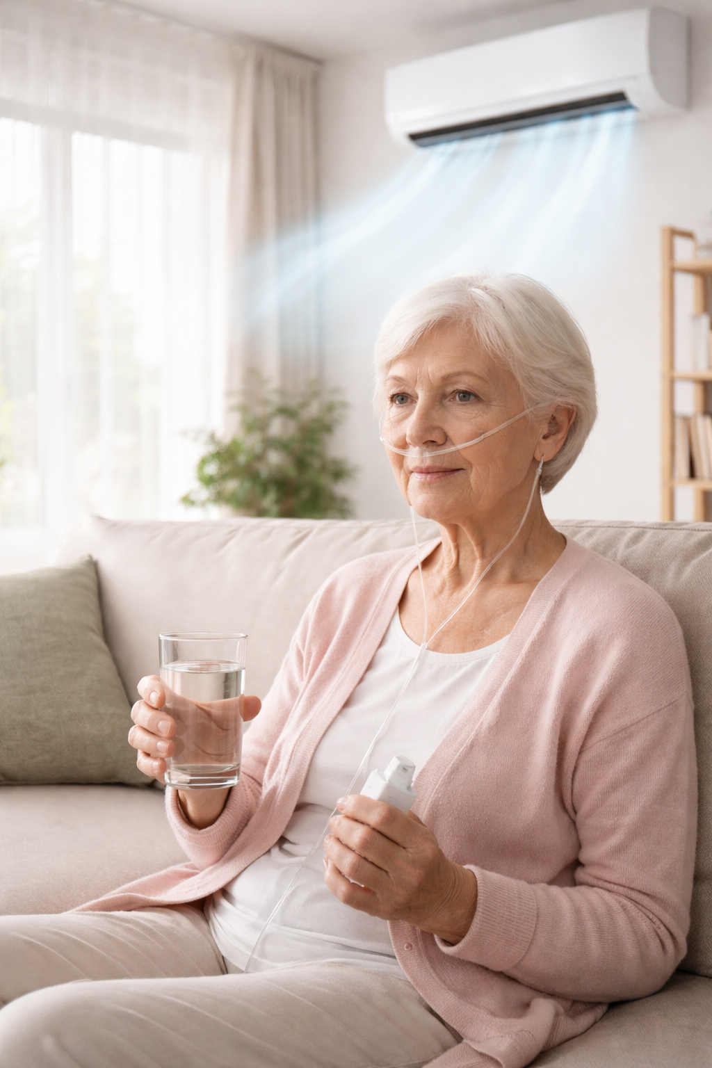 Pessoa idosa com enfisema pulmonar em ambiente climatizado, utilizando ar-condicionado de forma controlada para manter conforto respiratório.
